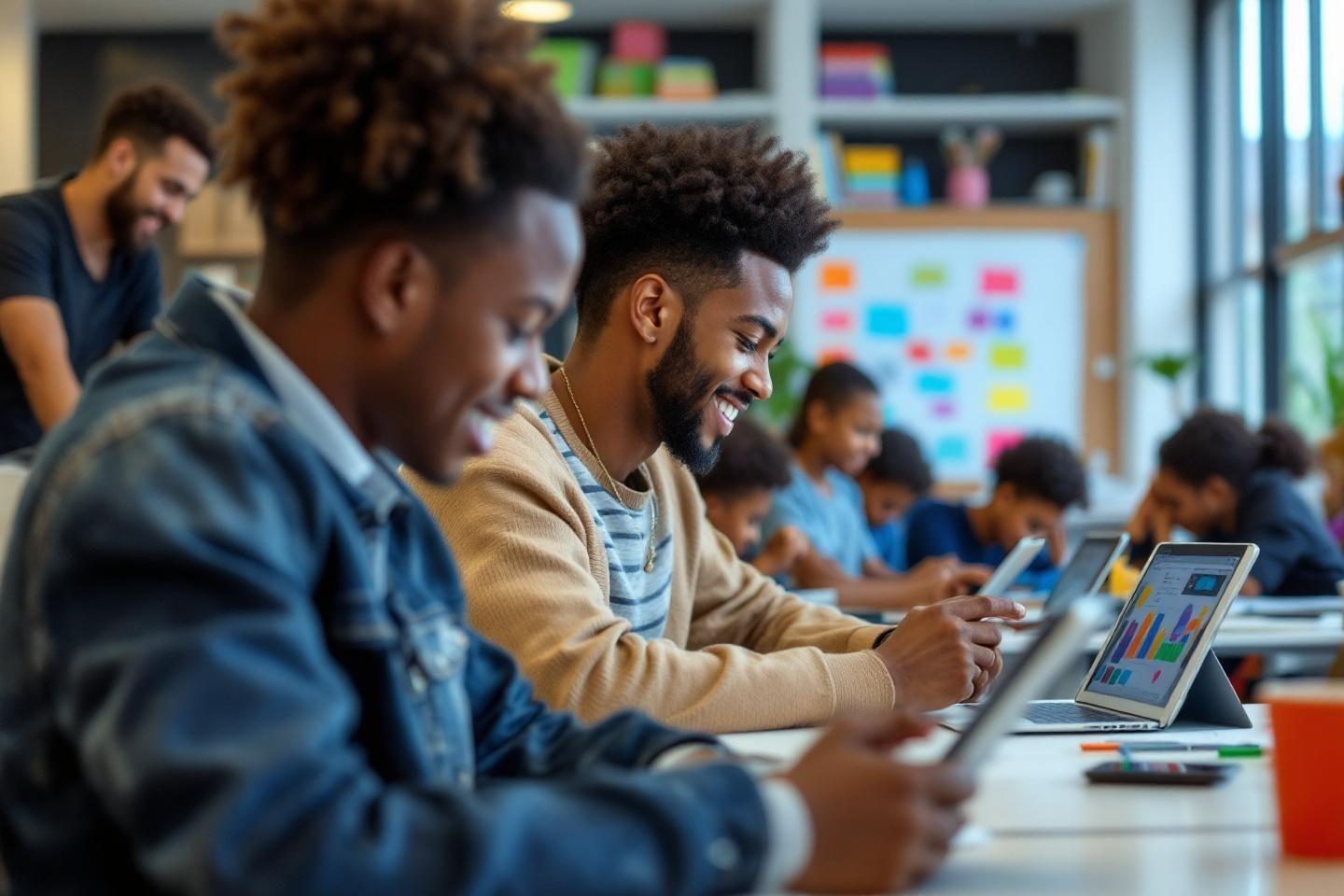 Jeunes collaborant sur des ordinateurs portable dans une salle de classe