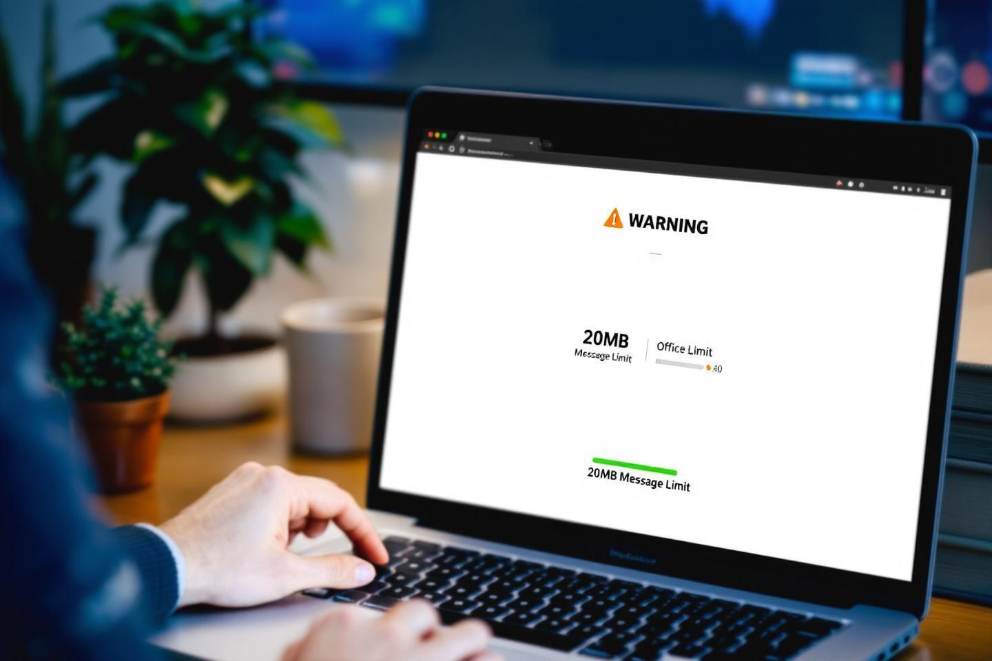Écran d'ordinateur montrant un avertissement de limite de message de 20 Mo