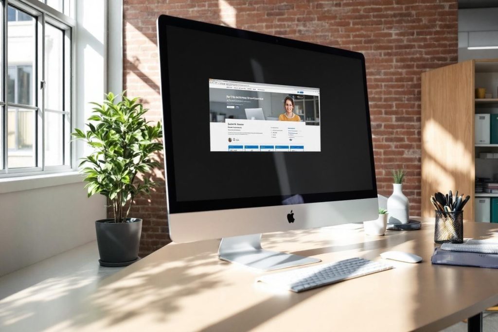 Espace de travail lumineux avec ordinateur Apple et plante verte