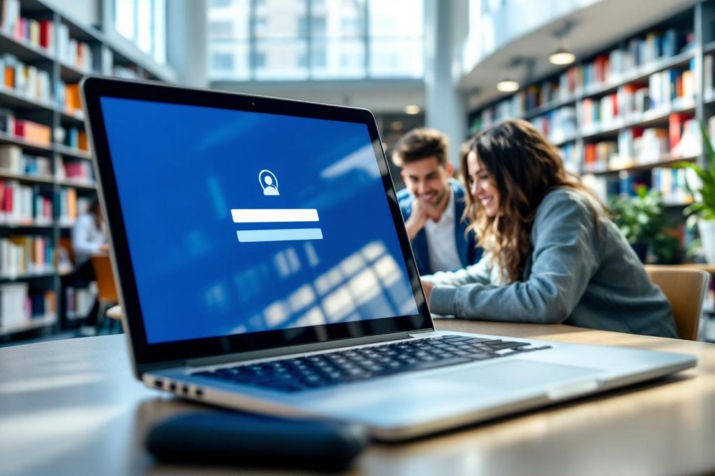 Écran d'ordinateur portable avec page de connexion et deux personnes en arrière-plan