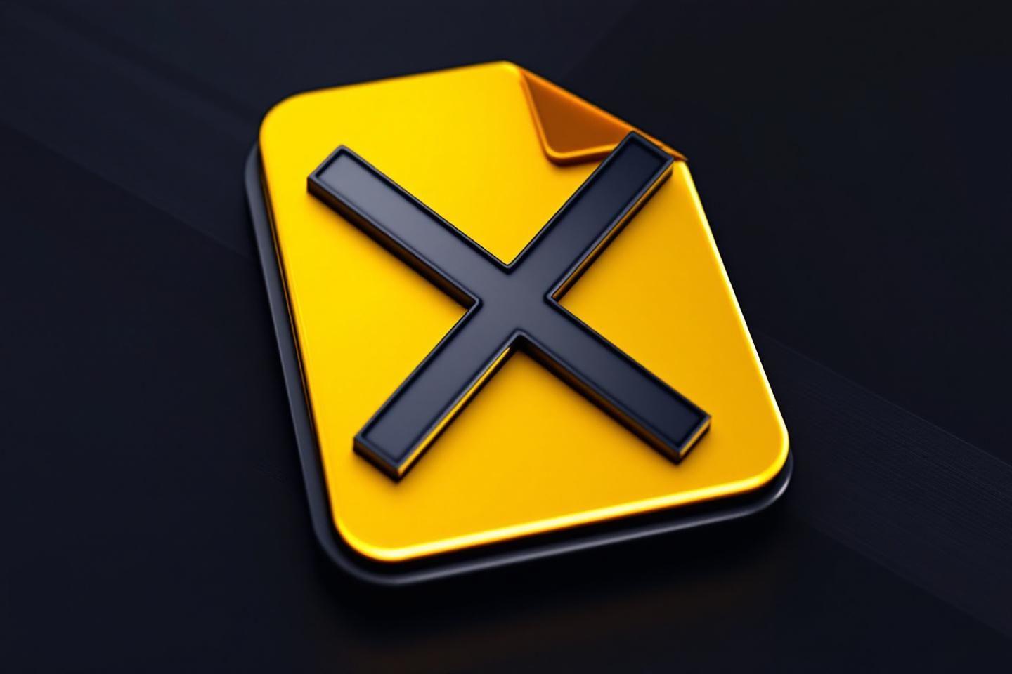 Icône X grise sur carré jaune brillant