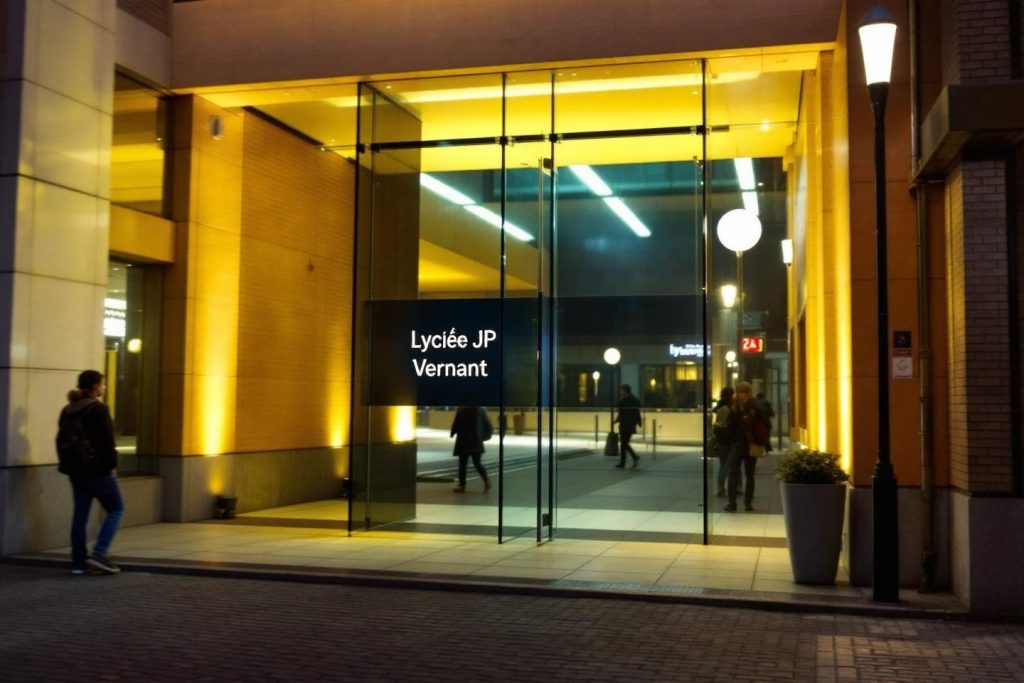 Façade de verre illuminée d'un lycée la nuit