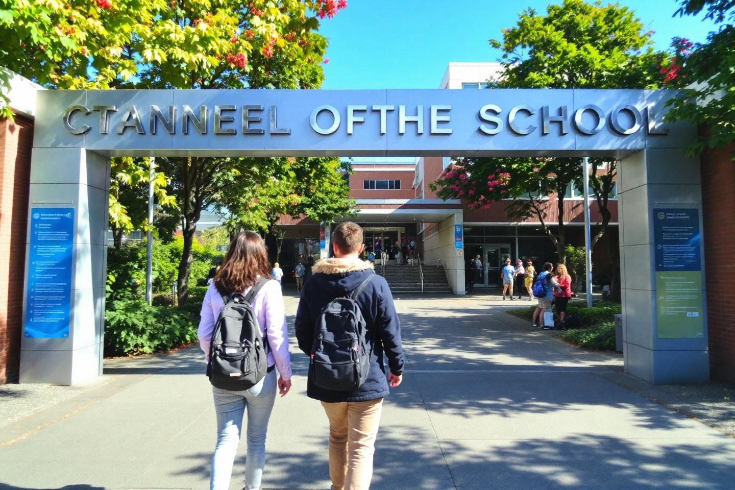 Deux étudiants avec des sacs à dos entrent dans un établissement scolaire