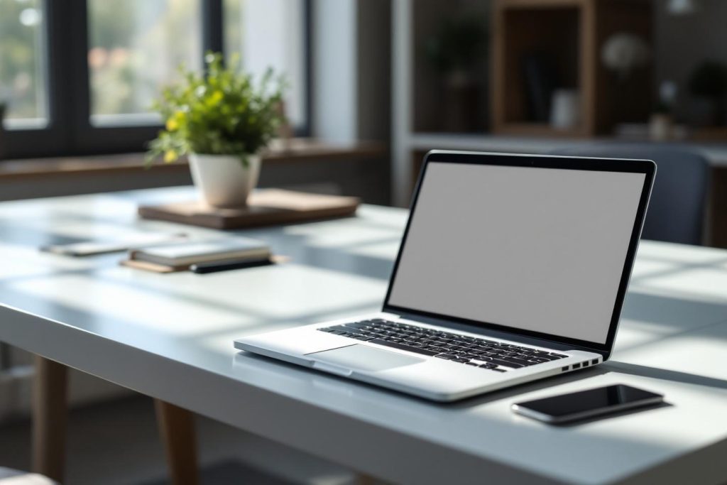 Ordinateur portable et smartphone sur un bureau lumineux avec plante