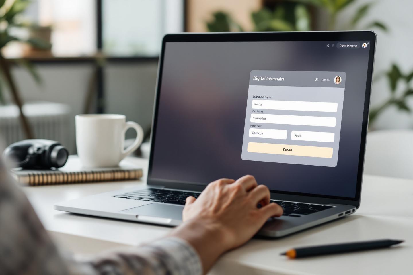 Ordinateur portable ouvert sur un formulaire d'inscription avec tasse de café