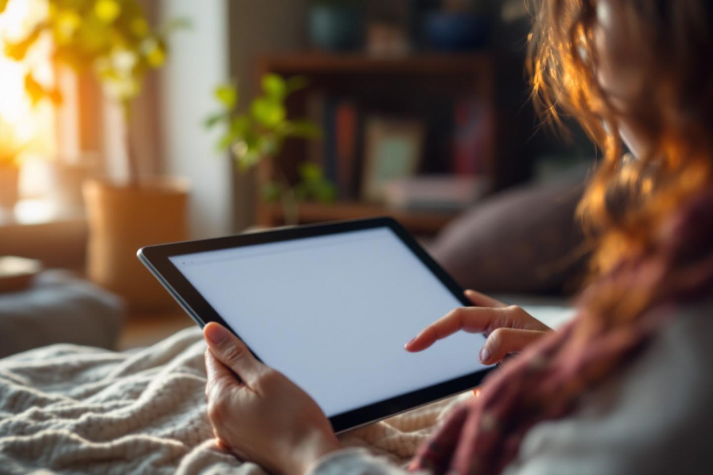 Personne utilisant une tablette numérique sur un lit confortable