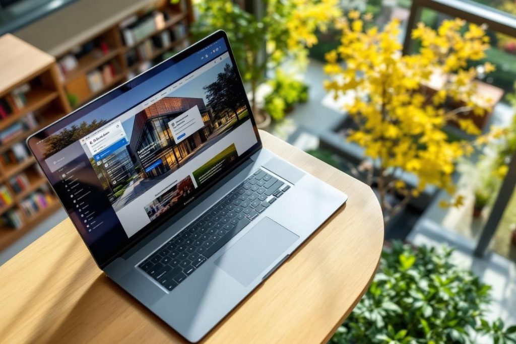Ordinateur portable argenté sur une table en bois près de plantes vertes
