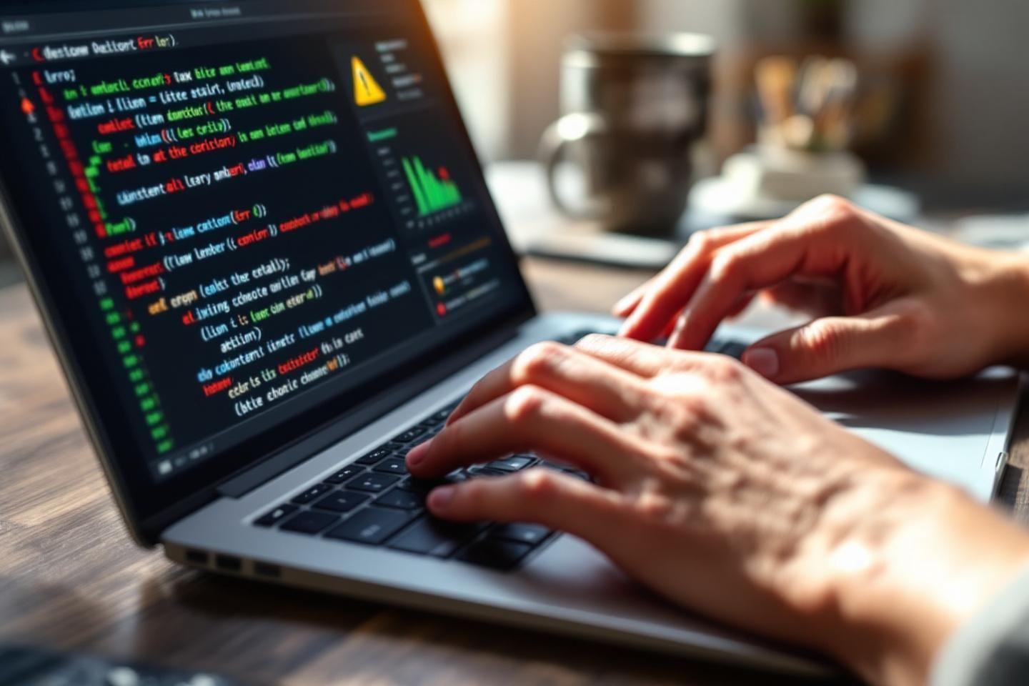 Mains travaillant sur un code source coloré à l'écran