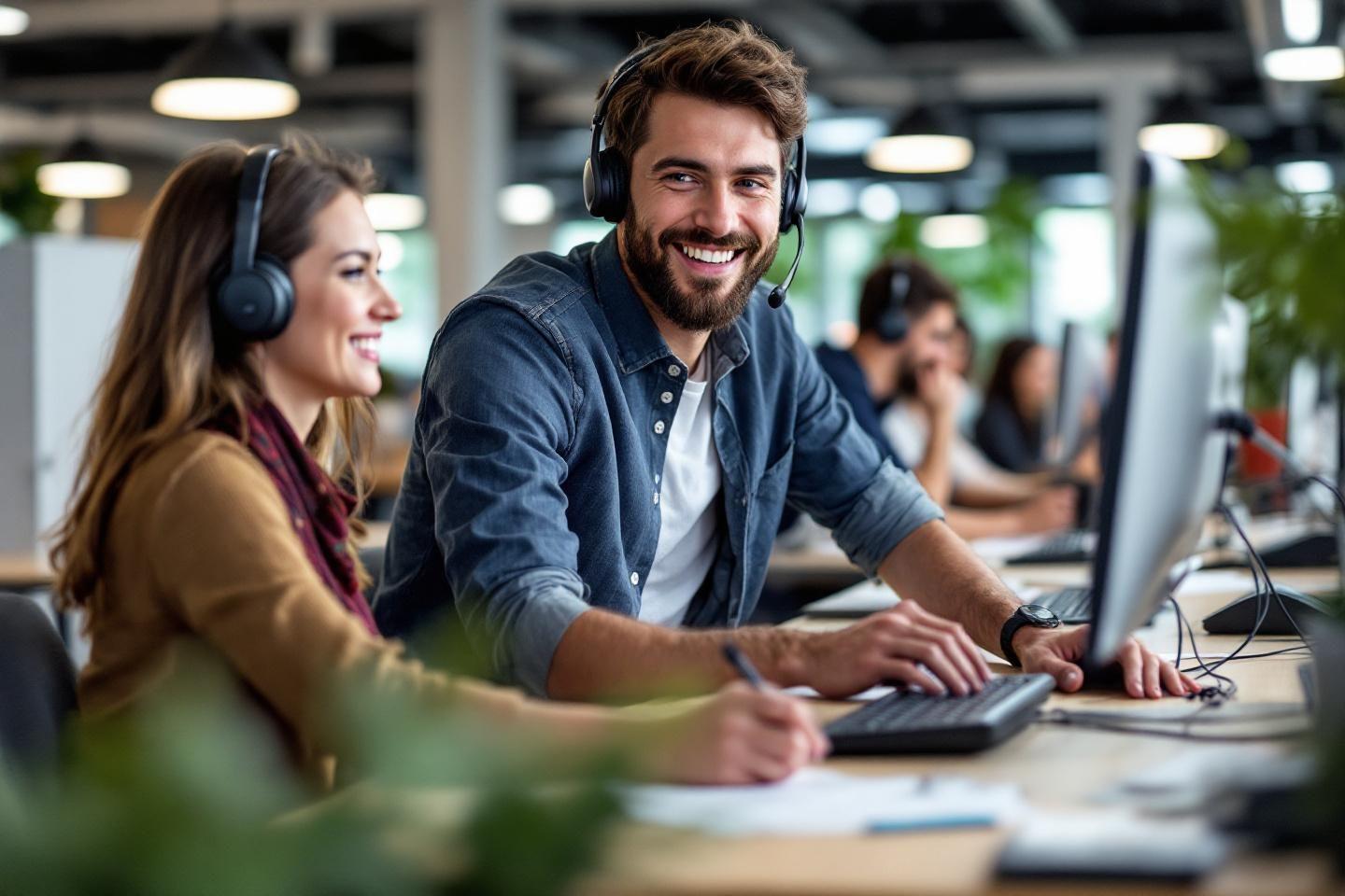 Employés avec casques travaillant ensemble dans un bureau moderne