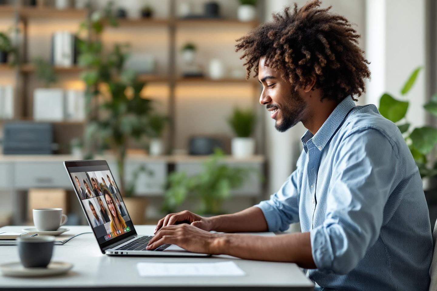 Homme souriant en visioconférence depuis un espace de travail moderne