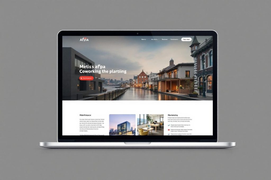 Page d'accueil d'un site web de coworking avec vue sur un canal