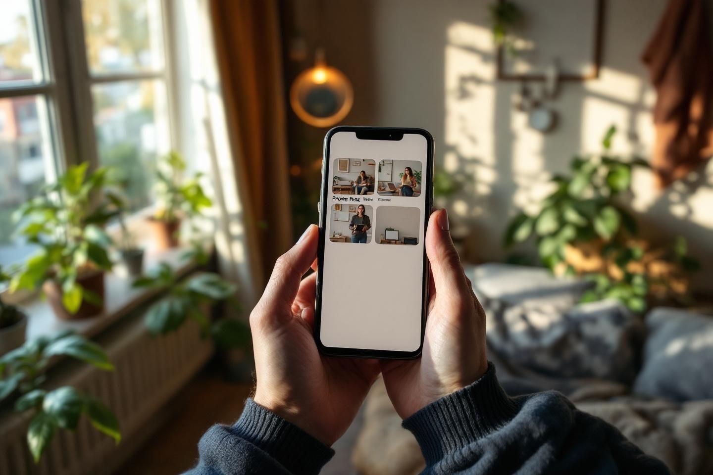 Main tenant un smartphone affichant des images sur Pinterest