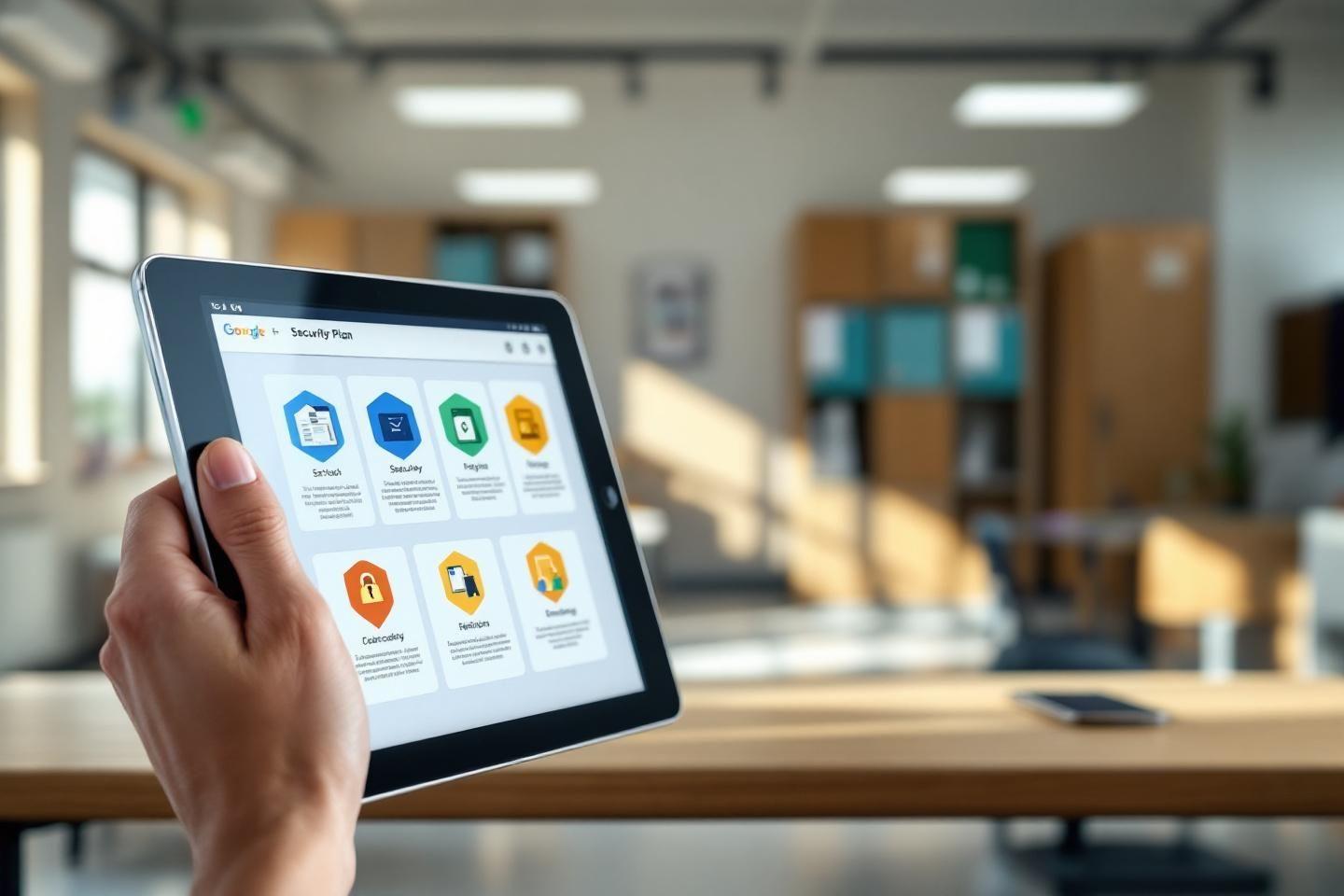 Main tenant une tablette affichant un écran de sécurité Google