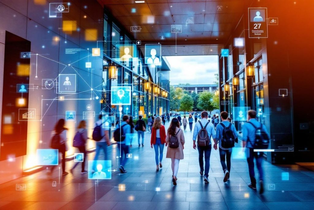 Personnes marchant dans un couloir futuriste avec des interfaces numériques
