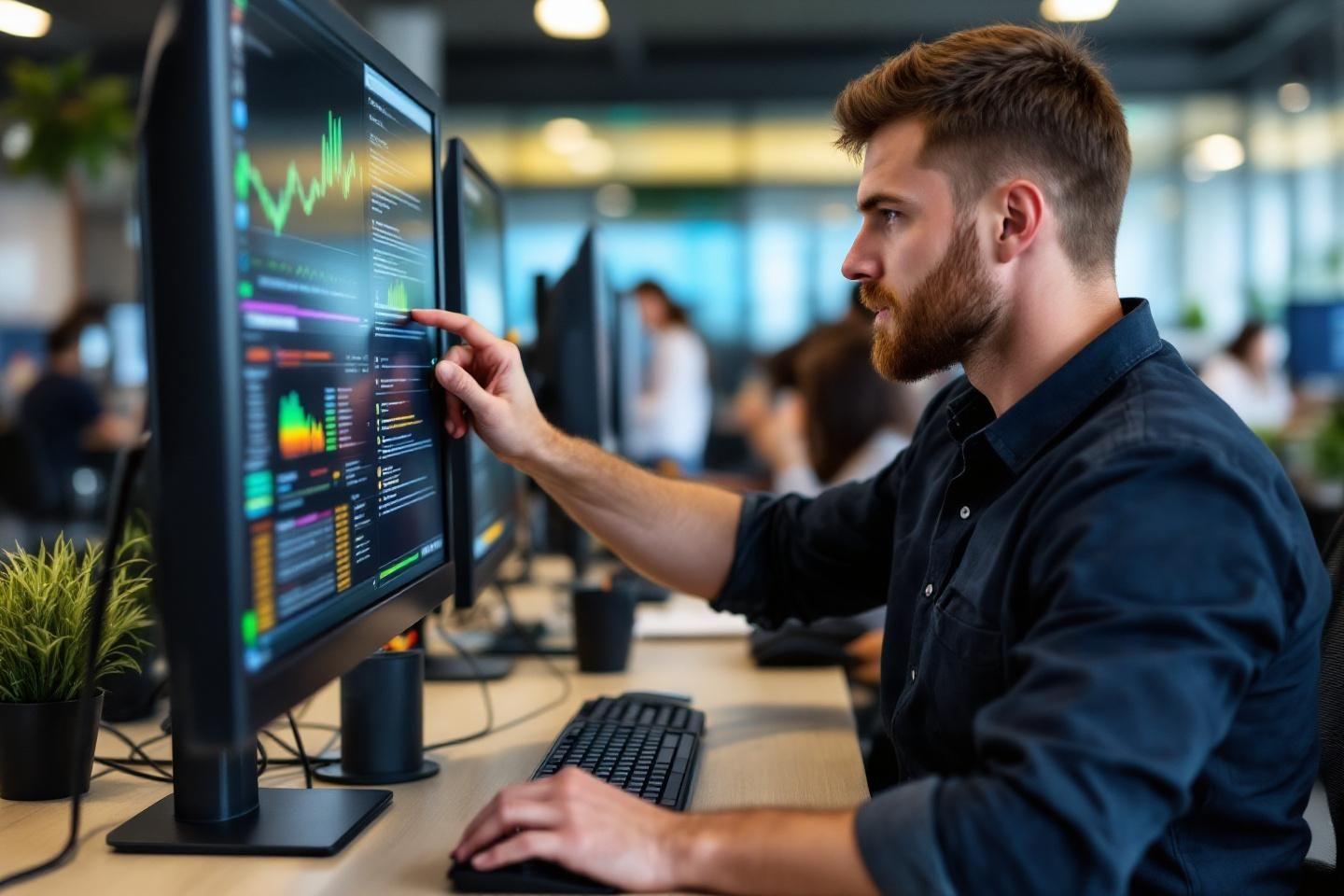 Homme touchant écran avec graphiques et données financières