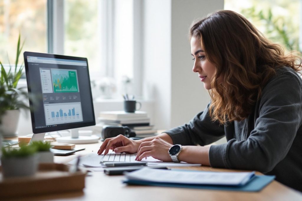 Femme concentrée travaillant sur ordinateur avec tableaux de données