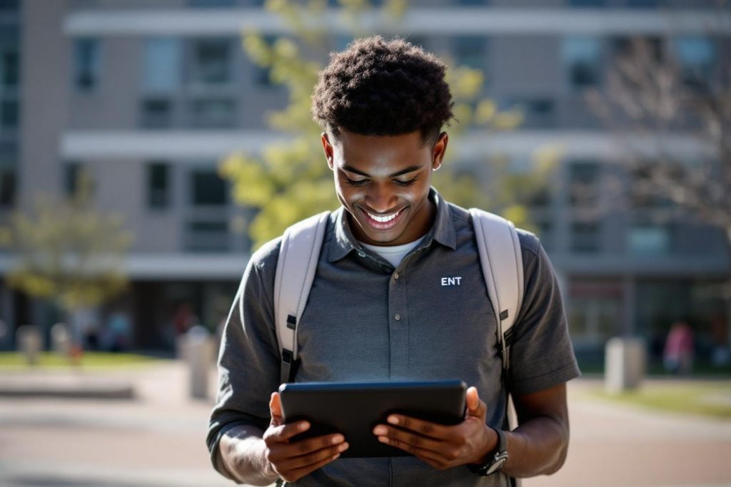Jeune homme heureux utilisant une tablette sur un campus