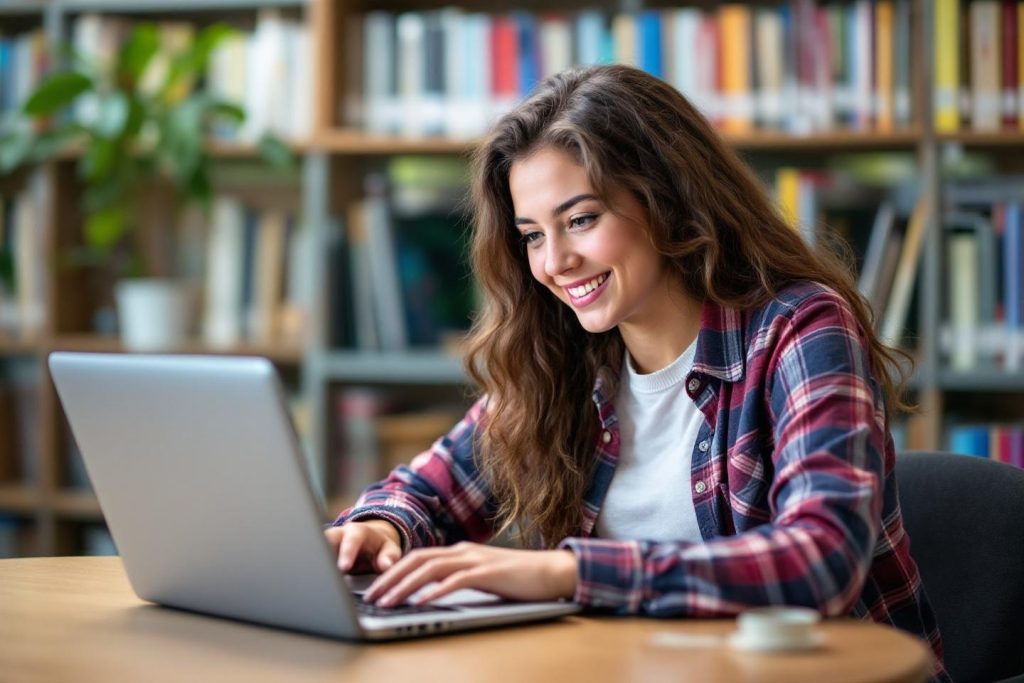 Jeune femme heureuse tapant sur un ordinateur portable en bibliothèque